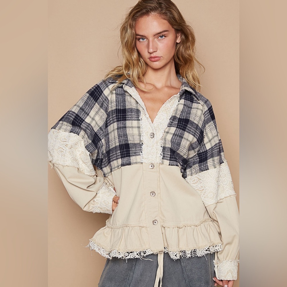 POL Plaid and Cream Cotton Flannel Jacket Shacket Top S - Picture 3 of 4